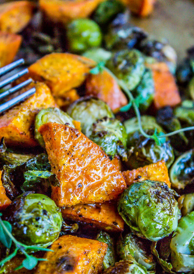 Roasted Sweet Potatoes and Brussels Sprouts