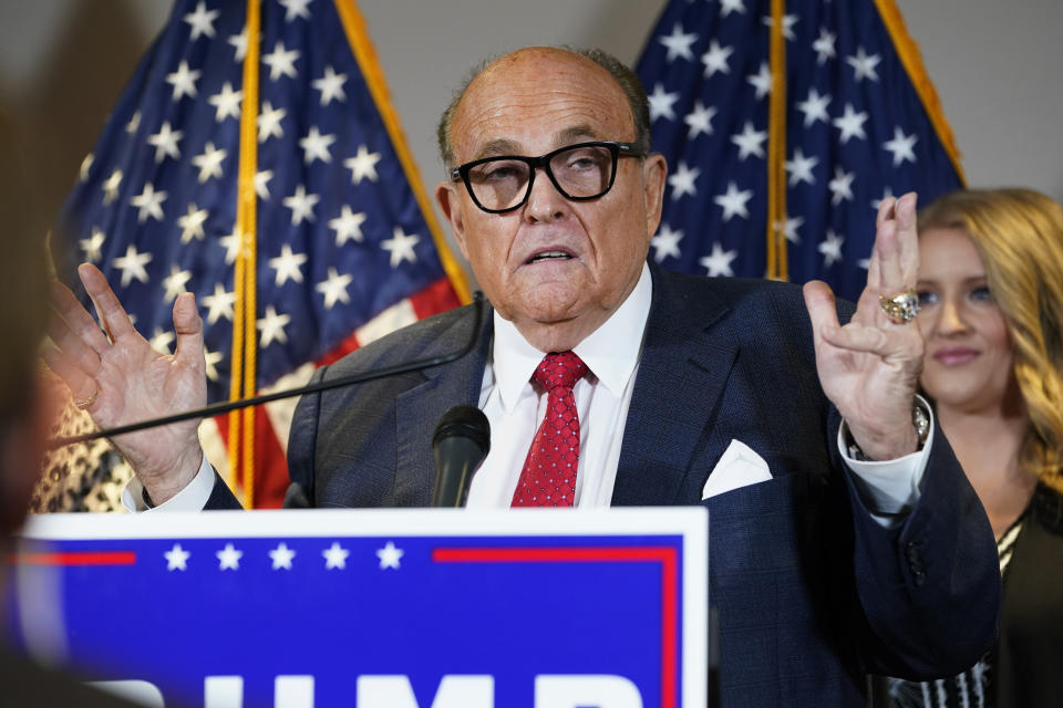 FILE - In this Nov. 19, 2020, file photo, former New York Mayor Rudy Giuliani, a lawyer for President Donald Trump, speaks during a news conference at the Republican National Committee headquarters, in Washington. Giuliani urged Michigan Republican activists on Wednesday, Nov. 2, 2020, to pressure the GOP-controlled Legislature to "step up" and award the state's 16 electoral votes to Trump despite Democrat Joe Biden's 154,000-vote victory. (AP Photo/Jacquelyn Martin, File)