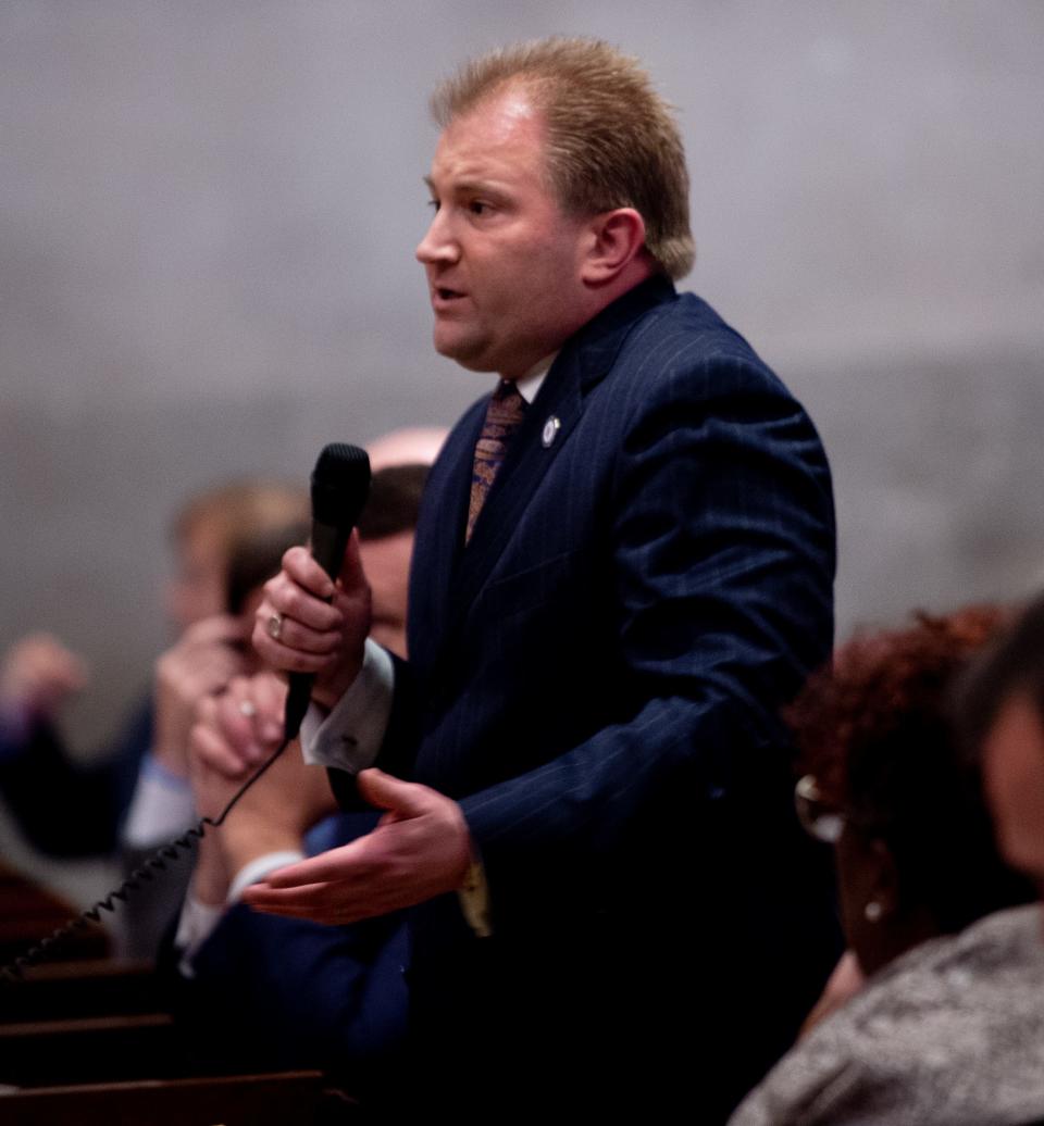 House Majority Leader William Lamberth, R-Portland engages in a debate with Rep. Justin Pearson, D-Memphis, before a vote to expel Pearson form the House of Representatives at the Tennessee State Capitol in Nashville, Tenn., on Thursday, April 6, 2023.