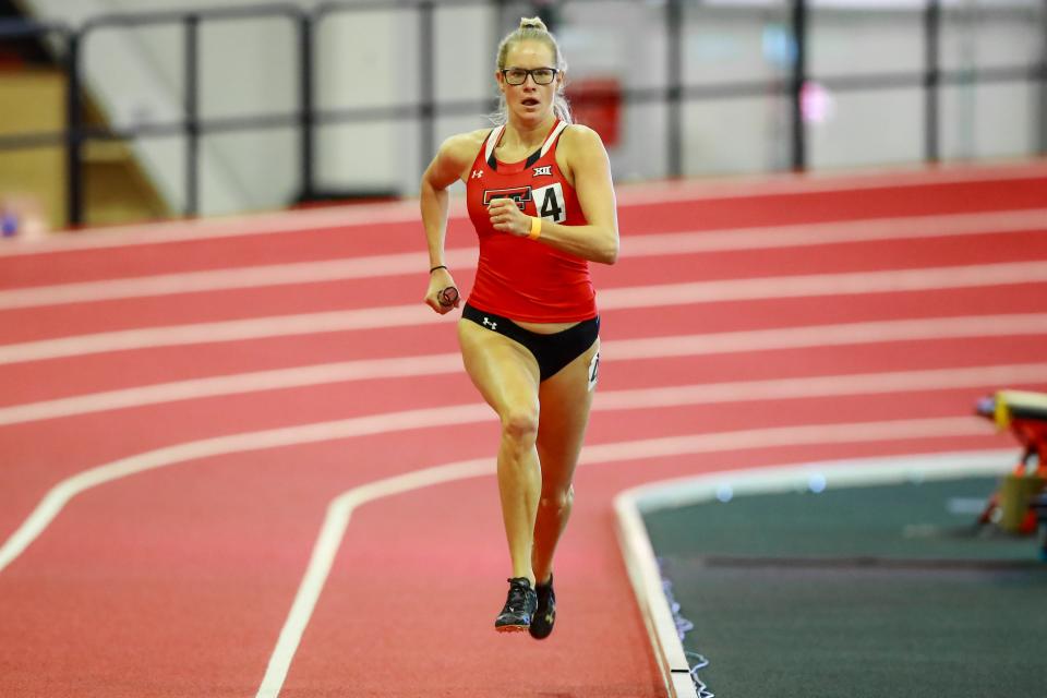 Texas Tech's Sylvia Schulz, pictured at a home indoor meet, broke the school record in the women's 400-meter hurdles by running a time of 57.04 seconds Friday at the Tom Jones Memorial meet in Gainesville, Florida.