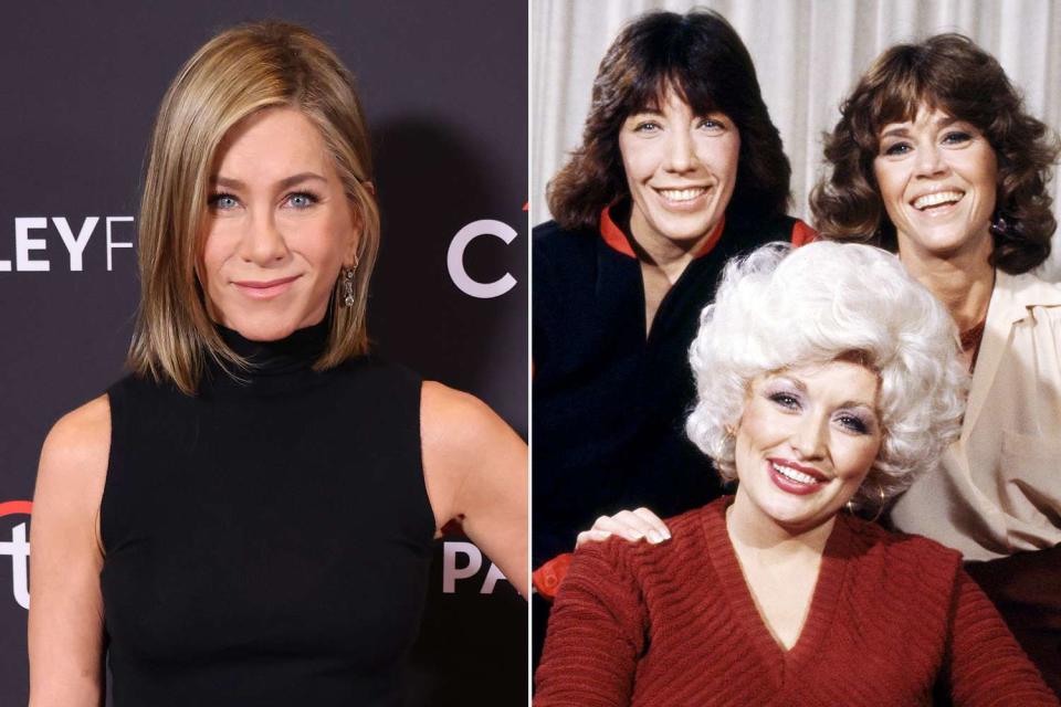 <p>Getty (2)</p> Jennifer Aniston and Lily Tomlin, Dolly PArton and Jane Fonda in 1980