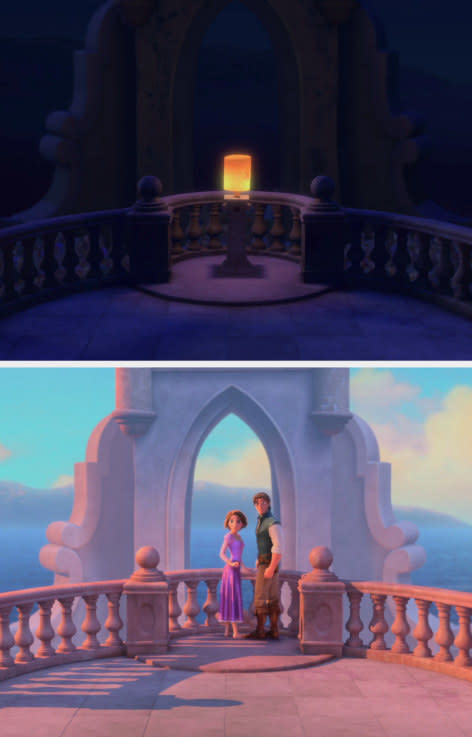 Rapunzel and Flynn standing in the same spot Rapunzel's parents released the lantern