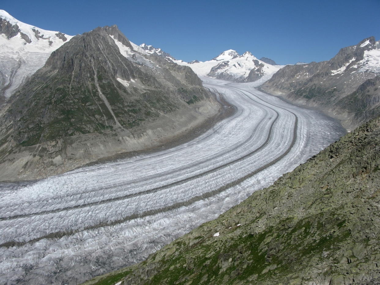 The Aletsch glacier in 2009, in Switzerland.  Release date â€“ January 28, 2024.  See SWNS story SWSCglaciers.  More than half of the Alpine glaciers could be gone by 2050, a new study has revealed.   New research has shown that by 2050 the volume of ice in the European Alps could have fallen by 65%, based on the last ten years of global warming.  But even if warming rates continue as they did in the last 20 years, almost half the volume of ice will be lost (46 per cent).  And if the rate of warming stayed exactly the same as it is now, more than a third will vanish.  This study suggests that action is urgently needed to stop the rapid increase in global warming, but that it is already too late to completely save the glaciers. 