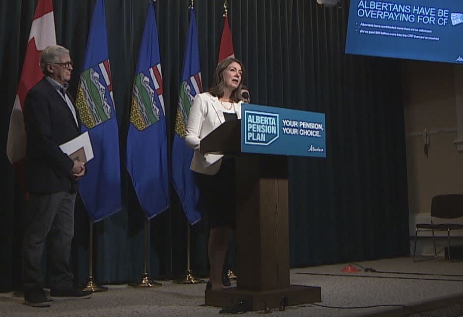 Alberta Premier Danielle Smith speaks Thursday at the release of a provincially commissioned report about creating an Alberta pension plan. (Jocelyn Boissonneault/CBC - image credit)