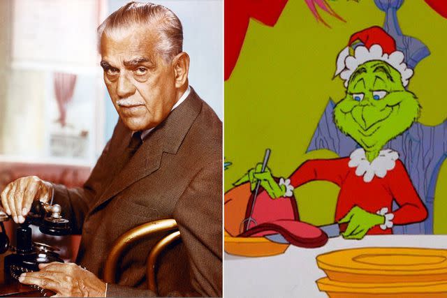 <p>getty; courtesy everett collection</p> Boris Karloff (left) and the Grinch he voiced in 1966