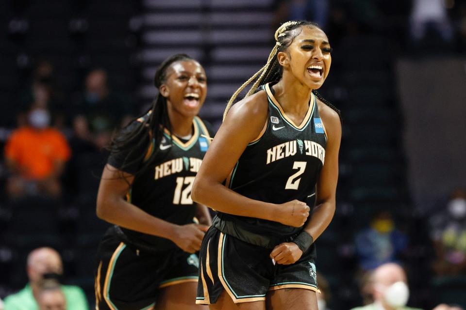 New York Liberty rookies DiDi Richards and Michaela Onyenwere react after scoring against the Seattle Storm.