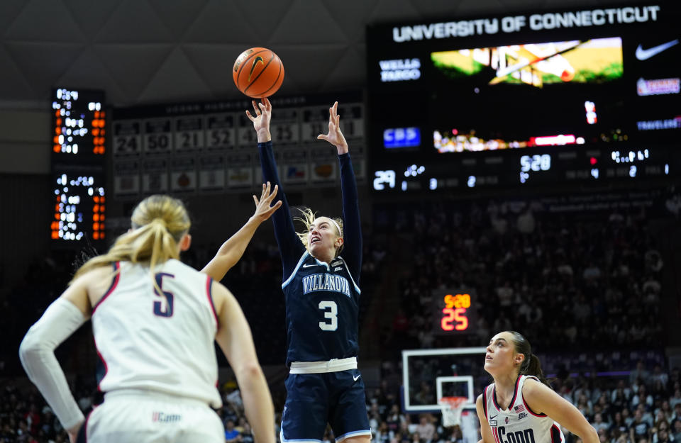 Feb 28, 2024; Storrs, Connecticut, USA; Villanova Wildcats guard Lucy Olsen (3) shoots against the UConn Huskies in the first half at Harry A. Gampel Pavilion. David Butler II-USA TODAY Sports