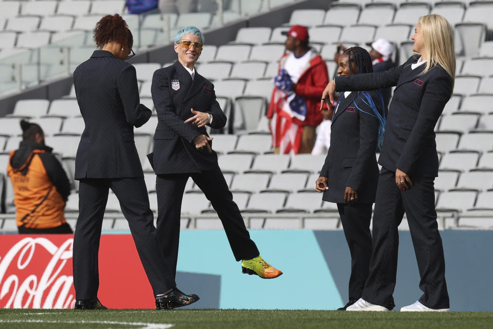 United States' Megan Rapinoe gets familiar with the field before the Women's World Cup Group E soccer match between the United States and Vietnam in Auckland, New Zealand, Saturday, July 22, 2023.According to a count being kept by Outsports, a website that covers the LGBTQ sports community, there are at least 95 out members of the LGBTQ community competing in this year's tournament. (AP Photo/Rafaela Pontes)