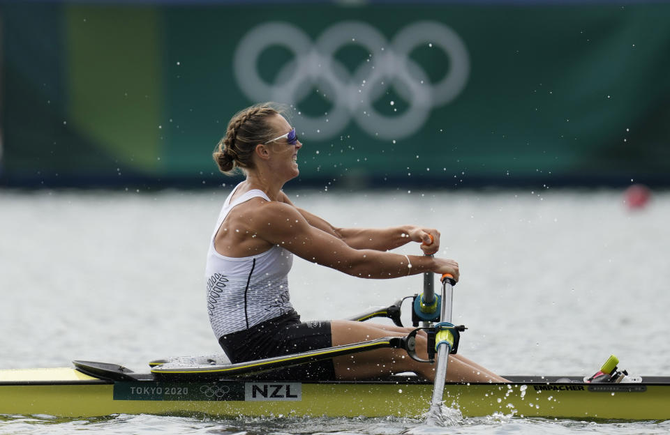 FILE - Emma Twigg, of New Zealand competes in the women's rowing single sculls final at the 2020 Summer Olympics, Friday, July 30, 2021, in Tokyo, Japan. (AP Photo/Lee Jin-man, File)