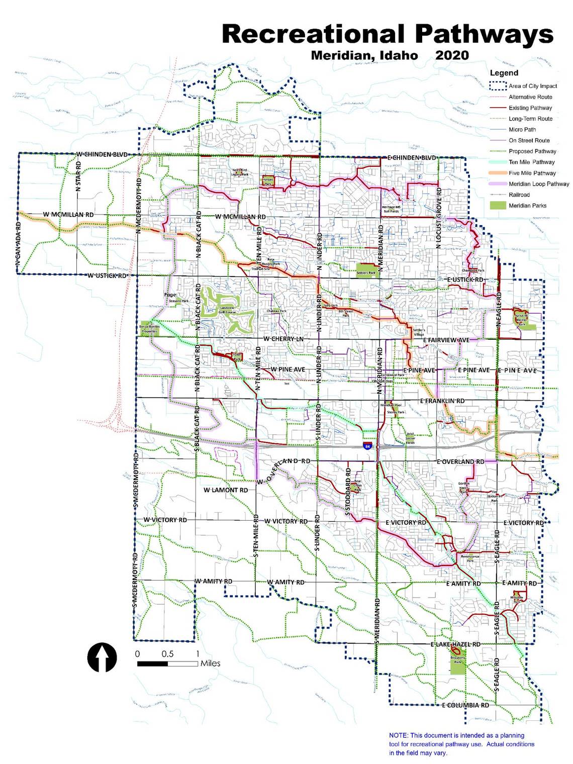 Notable paved trails include Five Mile Pathway, which starts near Overland and Cloverdale roads and ends at McMillan and Can Ada roads; Ten Mile Pathway, which begins near Lake Hazel and Eagle roads and ends near McDermott Road and Cherry Lane; and Meridian Loop, which goes around the city, south past Interstate 84 and north near Chinden Boulevard.​