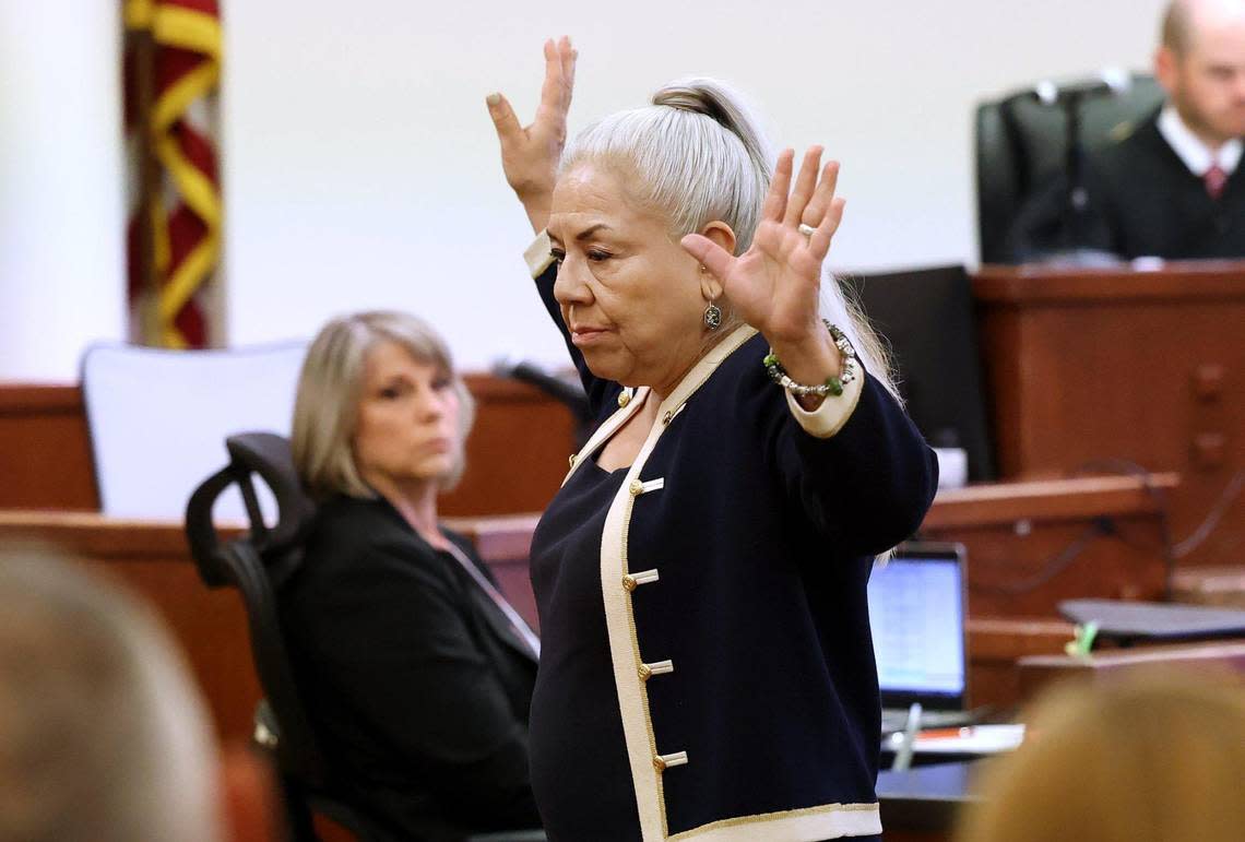 Assistant Criminal District Attorney Rose Anna Salinas gives the opening statement for the state during the attempted capital murder trial of defendant Timothy Simpkins held in the 371st District Court on Monday, July 17, 2023, in Fort Worth. Simpkins is accused of shooting three people in October 2021 at Timberview High School in Arlington. Amanda McCoy/amccoy@star-telegram.com