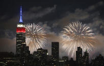 <p>The Macy’s fireworks show lights up the sky over New York City on July 4, 2017, as seen from Union City, NJ. (Gary Hershorn/Getty Images) </p>