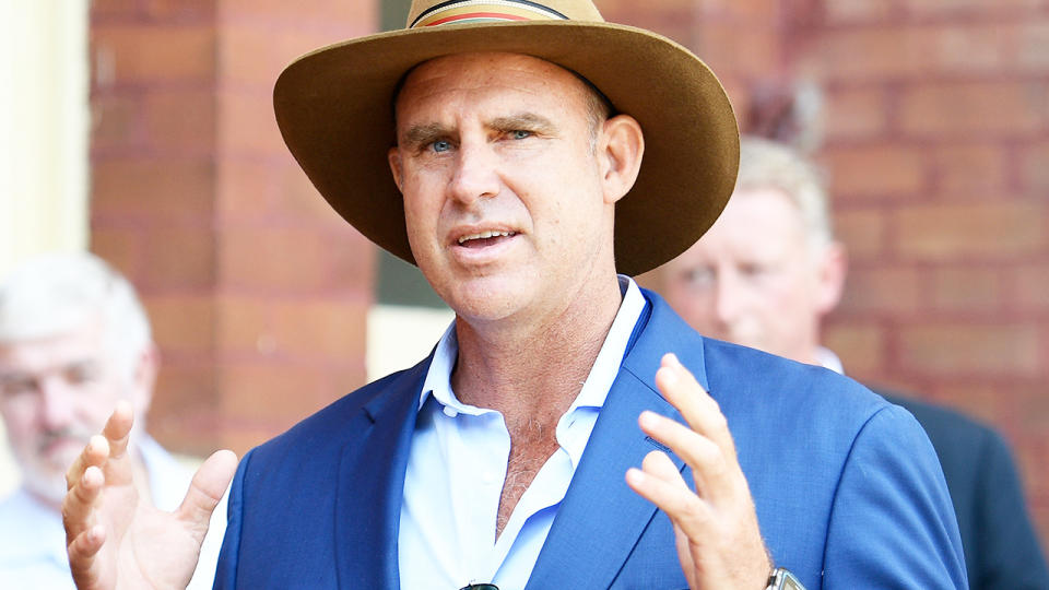 Matthew Hayden, pictured here speaking to the media at an Australian Cricket Hall of Fame induction ceremony. 