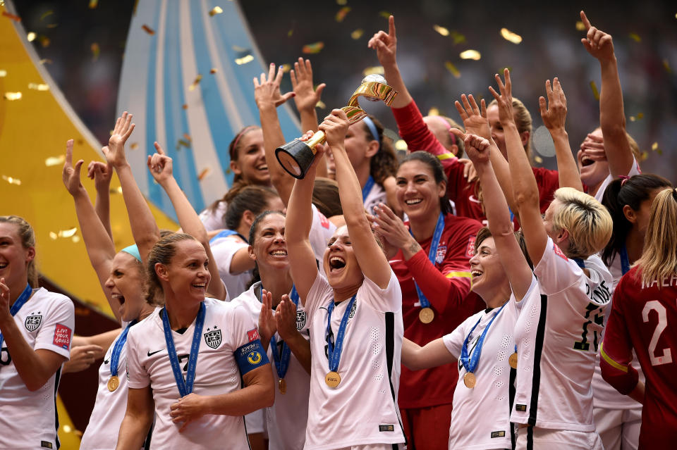 The United States celebrates after winning the FIFA Women's World Cup in 2015. / Credit: Dennis Grombkowski / Getty Images
