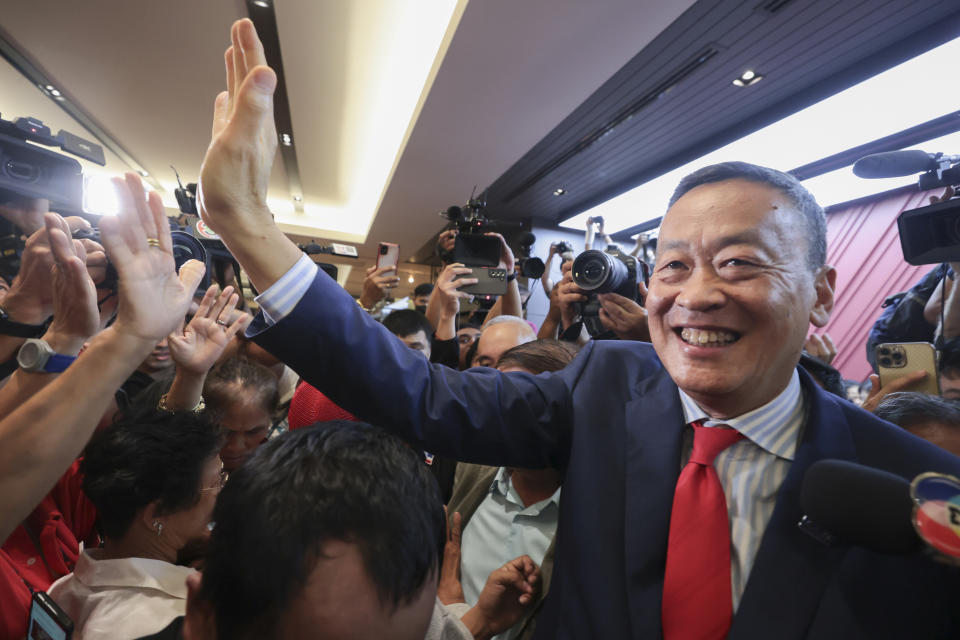 Pheu Thai political party's Srettha Thavisin reacts as he attends a press conference after Thailand's parliament voted in favor of his prime ministerial candidacy, at the party headquarters in Bangkok, Thailand, Tuesday, Aug. 22, 2023. (AP Photo/Wason Wanichakorn)