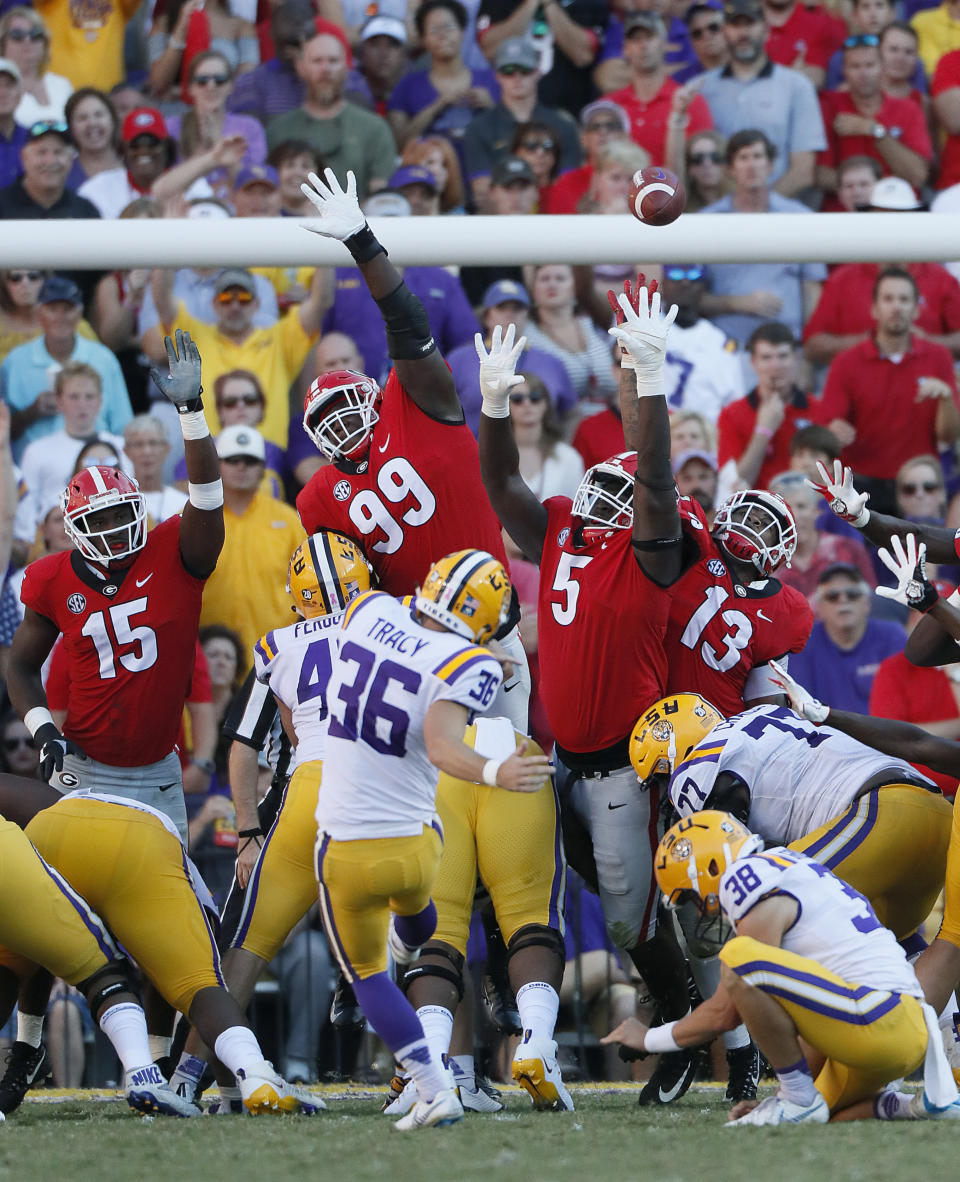 LSU's Cole Tracy (36) kicks a field goal against Georgia during the third quarter of an NCAA college football game Saturday, Oct. 13, 2018, in Baton Rouge, La. (Bob Andres/Atlanta Journal Constitution via AP)