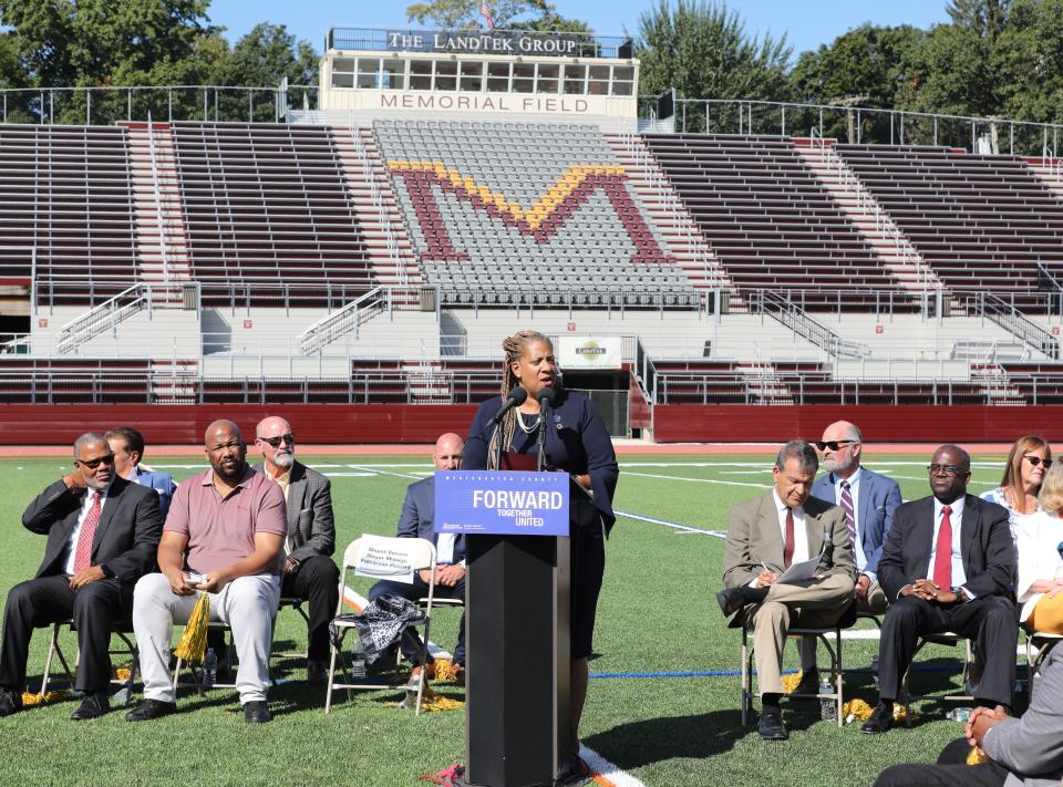 Mount Vernon Mayor Shawyn Patterson-Howard delivers remarks at the brand new Memorial Field in Mount Vernon, during the ribbon-cutting for the long awaited and newly-improved field, Sept. 21, 2022. 