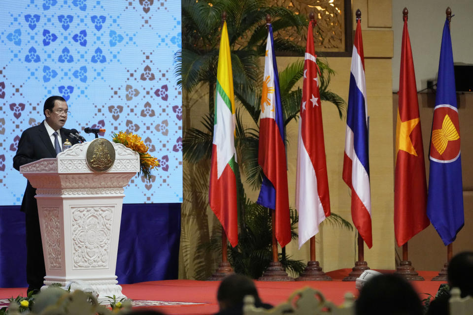 Cambodian Prime Minister Hun Sen delivers the opening speech for the 55th ASEAN Foreign Ministers' Meeting (55th AMM) at a hotel in Phnom Penh, Cambodia, Wednesday, Aug. 3, 2022. Southeast Asian foreign ministers are gathering in the Cambodian capital for meetings addressing persisting violence in Myanmar and other issues, joined by top diplomats from the United States, China, Russia and other world powers amid tensions over the invasion of Ukraine and concerns over Beijing's growing ambitions in the region. (AP Photo/Vincent Thian)