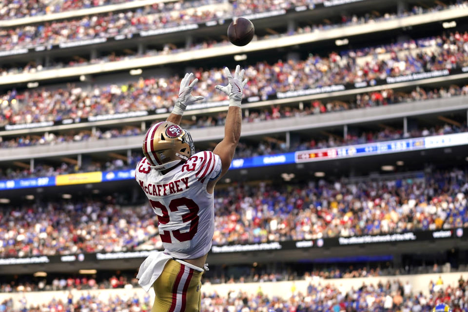 San Francisco 49ers running back Christian McCaffrey makes a touchdown catch during the second half of an NFL football game against the Los Angeles Rams Sunday, Oct. 30, 2022, in Inglewood, Calif. (AP Photo/Ashley Landis)