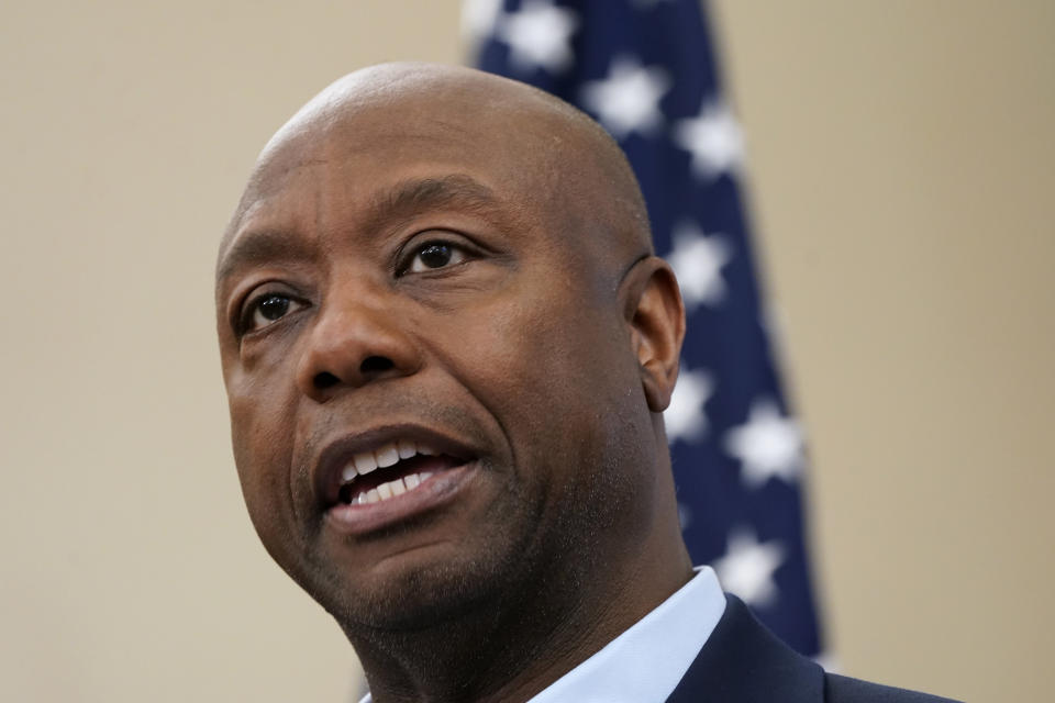 Sen. Tim Scott, R-S.C. speaks during a Faith in America Tour event, Wednesday, Feb. 22, 2023, at Drake University in Des Moines, Iowa. (AP Photo/Charlie Neibergall)