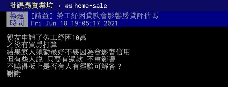 網友貼文發問「勞工紓困貸款會影響房貸評估嗎」？（圖／翻攝自PTT）