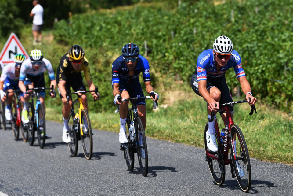 BELLEVILLEENBEAUJOLAIS FRANCE  JULY 13 LR Thibaut Pinot of France and Team GroupamaFDJ and Mathieu Van Der Poel of The Netherlands and Team AlpecinDeceuninck compete in the breakaway during the stage twelve of the 110th Tour de France 2023 a 1688km stage from Roanne to Belleville en Beaujolais  UCIWT  on July 13 2023 in Belleville en Beaujolais France Photo by Tim de WaeleGetty Images