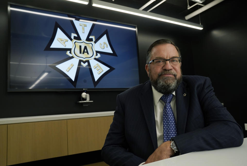 Matthew Loeb, president of the International Alliance of Theatrical Stage Employees (IATSE), poses for a portrait at IATSE offices in Burbank, Calif., Friday, Oct. 15, 2021. The union says its 60,000 members will begin a nationwide strike on Monday if it does not reach a deal that satisfies demands for fair and safe working conditions. (AP Photo/Chris Pizzello)