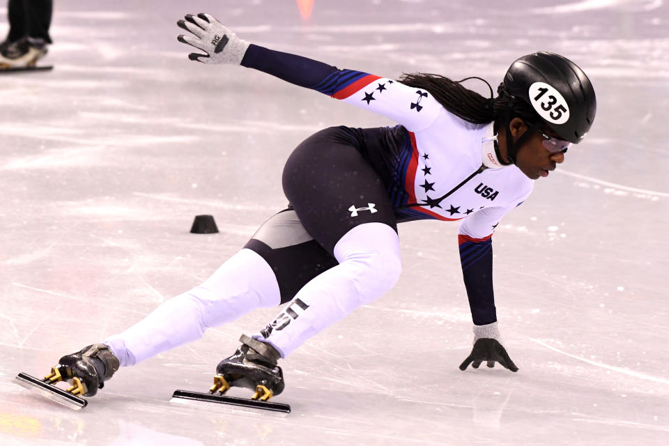 Maame Biney of the United States competes during the Ladies’ 500m Short Track Speed Skating quarterfinal on day four of the PyeongChang 2018 Winter Olympic Games at Gangneung Ice Arena on February 13, 2018 in Gangneung, South Korea. (Photo by Harry How/Getty Images)