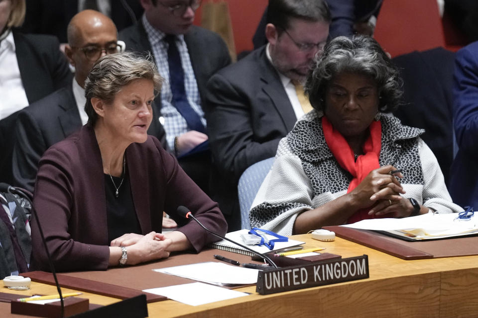 British Ambassador to the United Nations Barbara Woodward speaks during a meeting of the Security Council at U.N. headquarters, Monday, Nov. 21, 2022. The meeting was called to discuss recent North Korean missile launches. North Korean leader Kim Jong Un says the test of a newly developed intercontinental ballistic missile confirmed that he has another "reliable and maximum-capacity" weapon to contain any outside threats. (AP Photo/Seth Wenig)