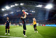 <p>Luka Modric of Croatia celebrates with Domagoj Vida of Croatia’s son following Croatia’s victory in the 2018 FIFA World Cup Russia Quarter Final match between Russia and Croatia at Fisht Stadium on July 7, 2018 in Sochi, Russia. (Photo by Lars Baron – FIFA/FIFA via Getty Images) </p>