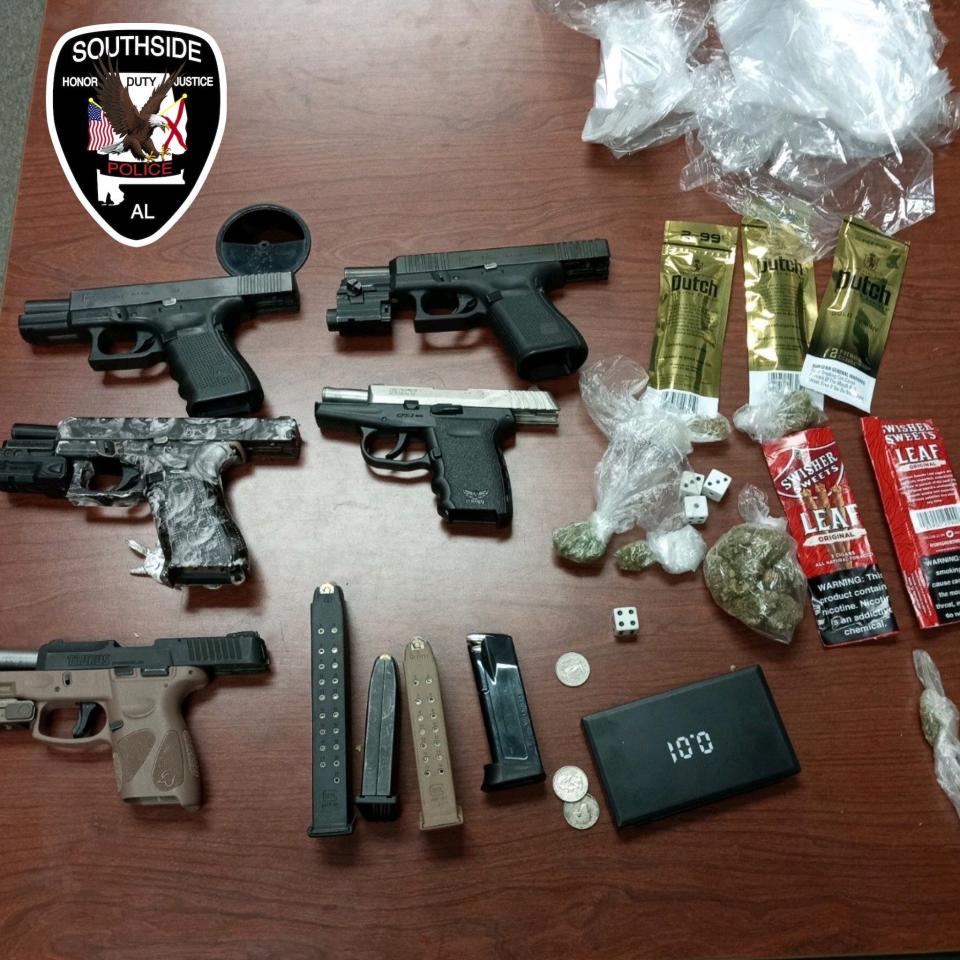 Southside police recovered these items after responding to a noise complaint about a graduation party Saturday on Daystar Lane. One of the guns had been reported stolen in Gadsden.