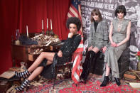 <p>Models wear a mixture of gray suiting, dresses, and embellished looks at the female-empowered Alice + Olivia FW18 presentation. (Photo: Getty Images) </p>