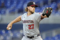 Washington Nationals starting pitcher Jake Irvin throws during the third inning of a baseball game against the Miami Marlins, Monday, April 29, 2024, in Miami. (AP Photo/Lynne Sladky)