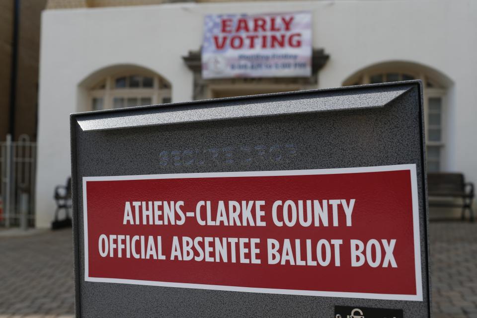 An absentee ballot drop box in front of the Board of Elections office in downtown Athens, Ga, on Saturday, May 23, 2020.