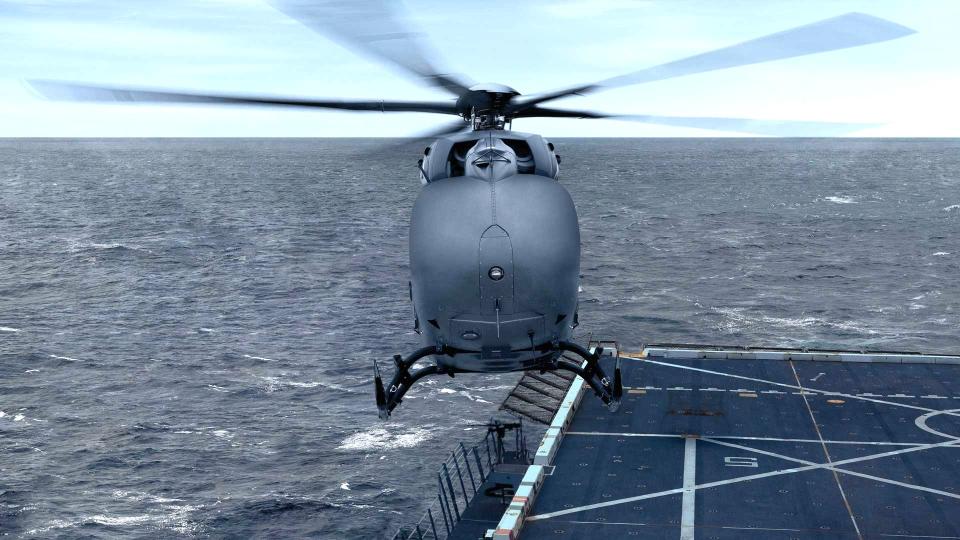 A rendering of the UH-72 Unmanned Logistics Connector drone helicopter during shipboard operations. <em>Airbus</em>