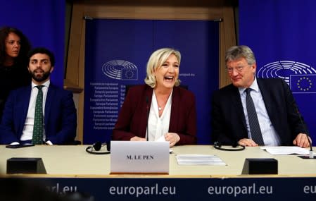 French far-right National Rally party leader Le Pen, Italian MEP Zanni and German MEP Meuthen address a news conference at the EU Parliament in Brussels