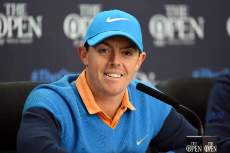 Jul 12, 2016; Ayrshire, SCT; Rory McIlroy during a press conference after his practice round for the 145th Open Championship golf tournament at Royal Troon Golf Club - Old Course. Mandatory Credit: Thomas J. Russo-USA TODAY Sports
