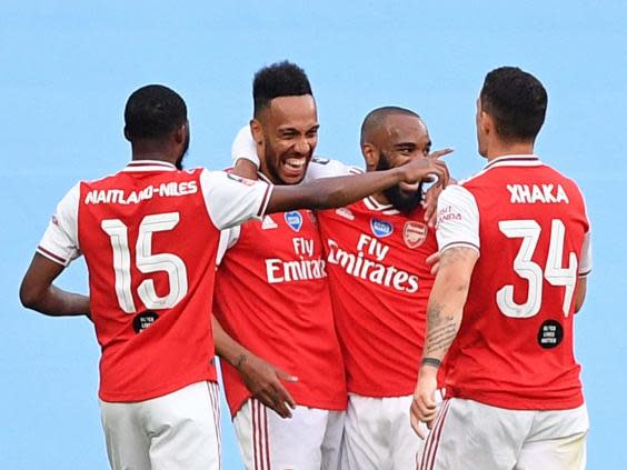 Pierre-Emerick Aubameyang celebrates scoring Arsenal’s opener (Getty)