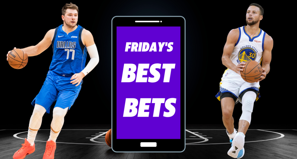 A graphic showing Luka Doncic and Steph Curry with a smartphone with text reading: 'Friday's Best Bets'.