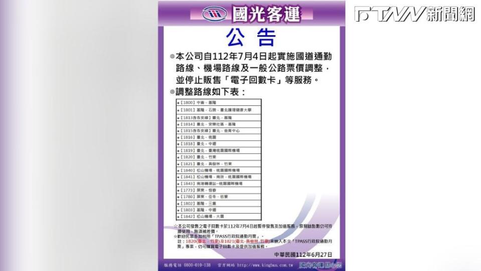 國光客運官網公布18條漲價的路線。（圖／國光客運官網）