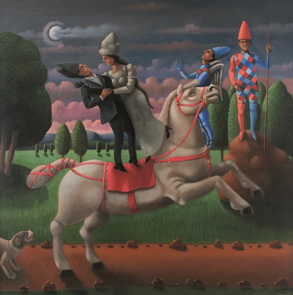 ‘Escenas con arlequines’, 2013, acrílico sobre lienzo, 56.2 x 49.2 pulgadas.