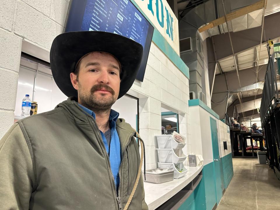 Ben Robinson is a calf-roper from Innisfail. Pictured here by the concession at the Medicine Hat rodeo on April 19, 2024.