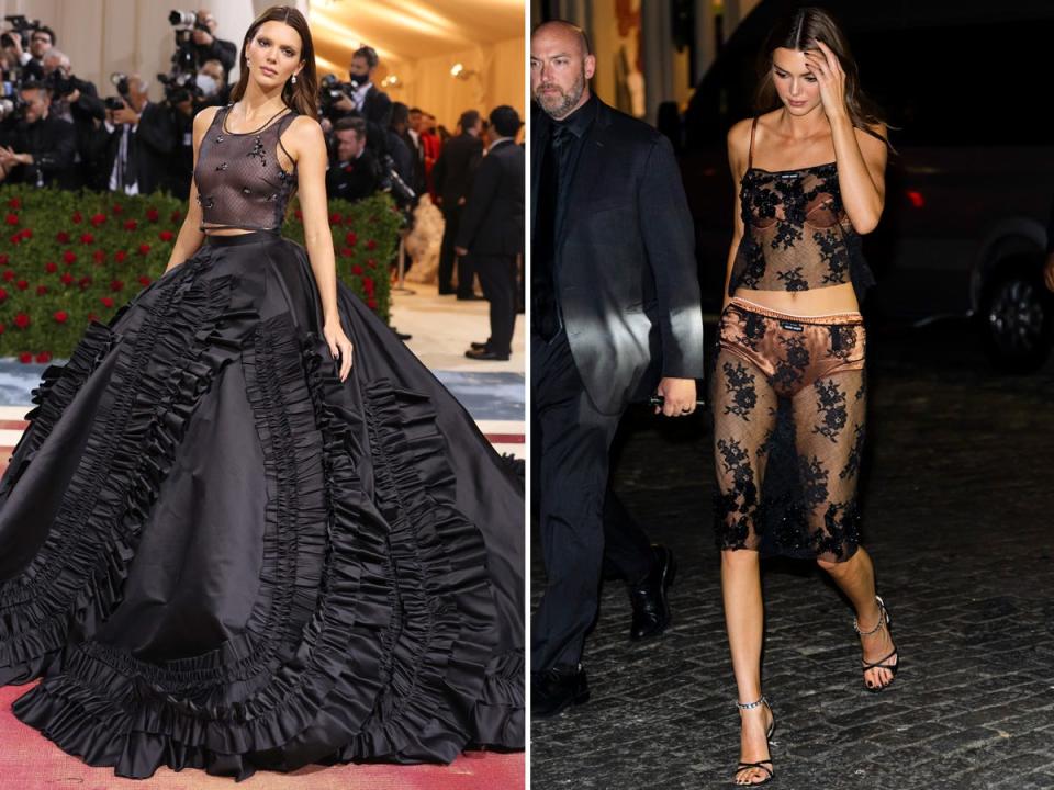 Kendall Jenner at the 2022 Met Gala (left) and the model at the after-party (right).