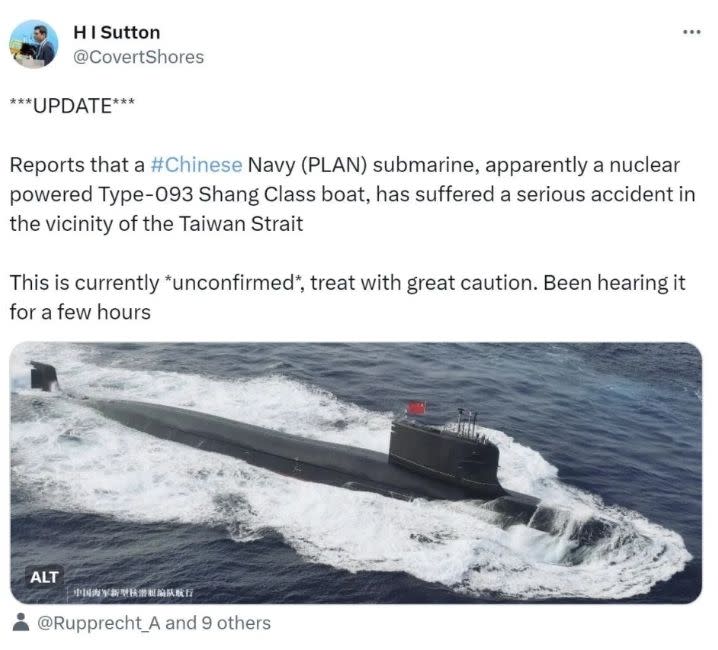 潛艦研究觀察家H I Sutton在推特聲稱中共核動力潛艦在台灣海峽周邊發生嚴重意外。（翻攝自推特）