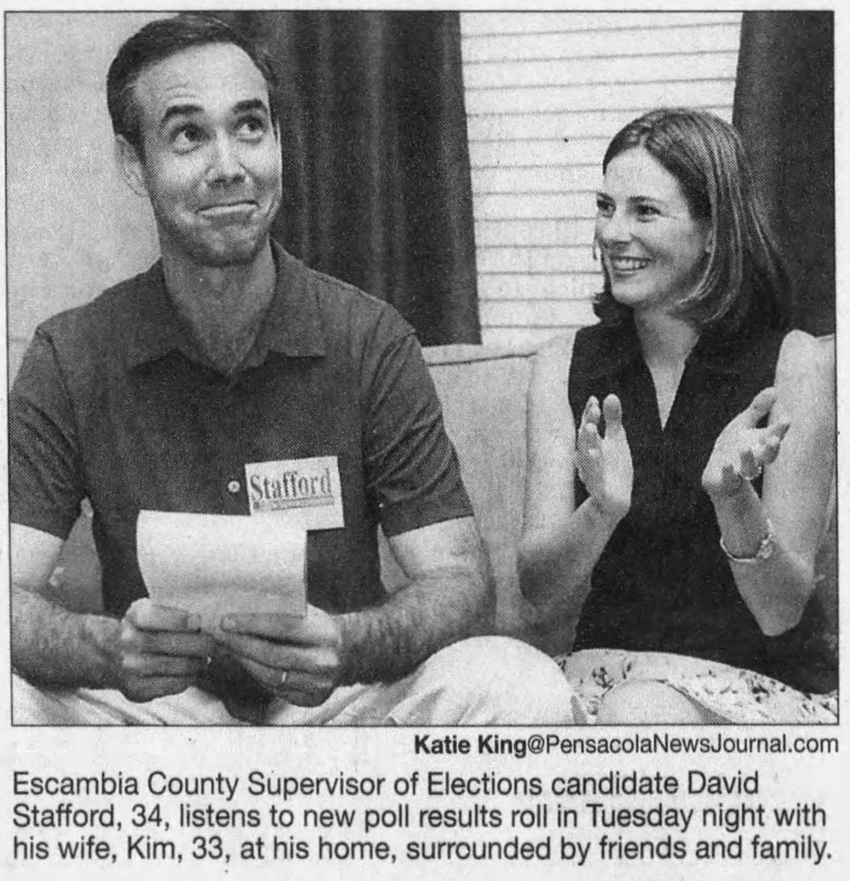 A 2004 clipping from the Pensacola News Journal shows a photo of Escambia County Supervisor David Stafford on the night he was elected.