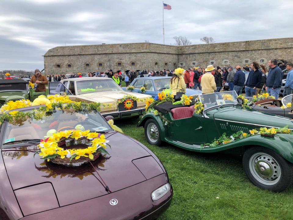 Cars populate Fort Adams State Park after the  Audrain Daffodil Car Parade on Sunday, April 24, 2022.