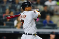 Detroit Tigers' Jonathan Schoop watches his single during the seventh inning of the team's baseball game against the New York Yankees on Friday, June 3, 2022, in New York. (AP Photo/Frank Franklin II)