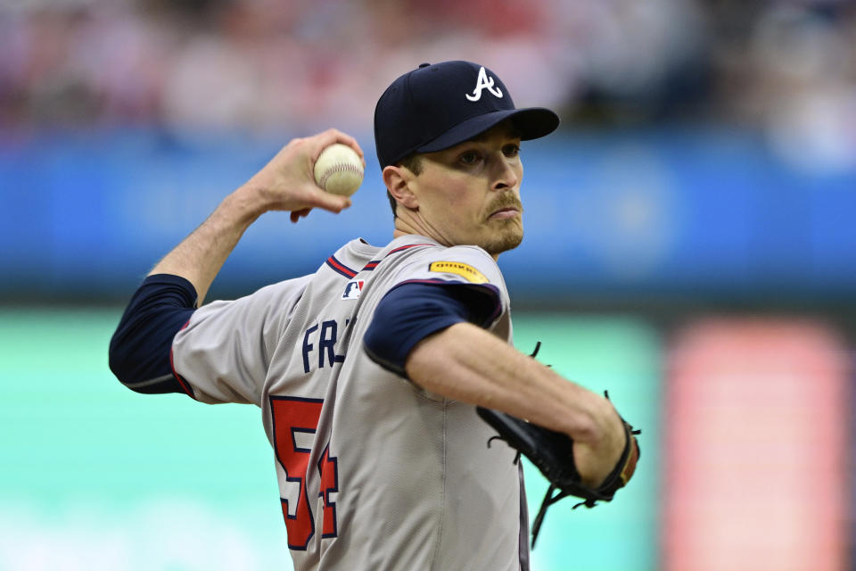 Atlanta Braves' starting pitcher Max Fried throws during the first inning of a baseball game against the Philadelphia Phillies, Saturday, March 30, 2024, in Philadelphia. (AP Photo/Derik Hamilton)