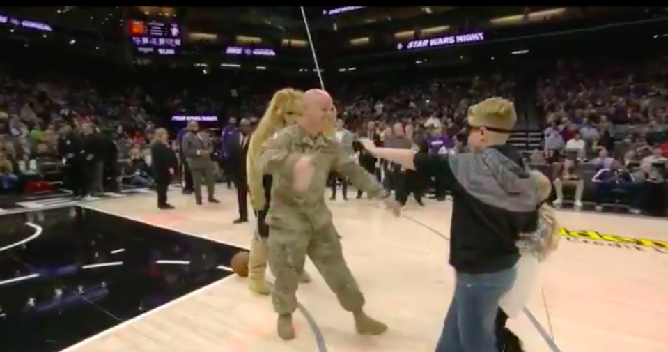 Veteran Shawn Sullivan surprised his kids at a Kings game. (Pic via @NBA on Twitter)
