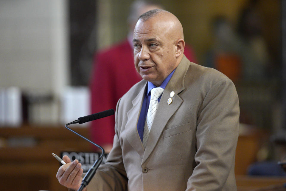 FILE - Nebraska state Sen. Tom Brewer, R-Gordon, speaks in the Legislative Chamber in Lincoln, Neb., March 1, 2019. A legislative committee has finally advanced a bill to comply with a voter ID requirement approved by Nebraska voters in November 2022, but the bill’s advancement in the final days of a contentious session coupled with infighting among Republicans over whether it goes far enough has led to questions about whether lawmakers have time to pass it before the session ends in early June 2023. (AP Photo/Nati Harnik, File)